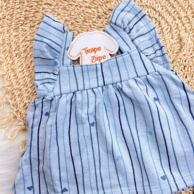 Conj. Batinha Listrada com Corações e Short em Linho - Azul Jeans